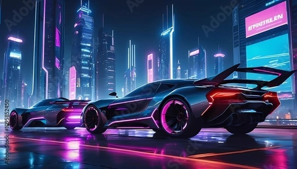 Obraz Futuristic cityscape at night, neon lights, cyberpunk vibe, flying cars, high-tech architecture