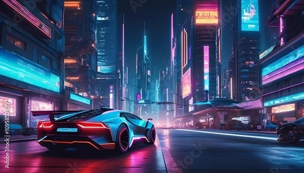 Obraz Futuristic cityscape at night, neon lights, cyberpunk vibe, flying cars, high-tech architecture
