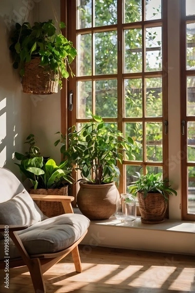Fototapeta A cozy, modern living space with plants and warm natural light.