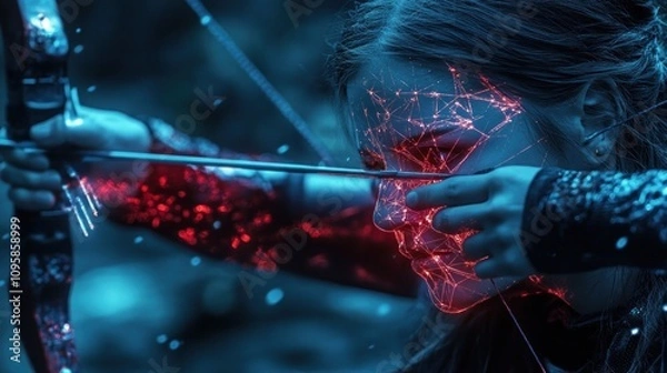 Fototapeta A digitally enhanced archer aiming with a bow, showcasing a blend of technology and nature.