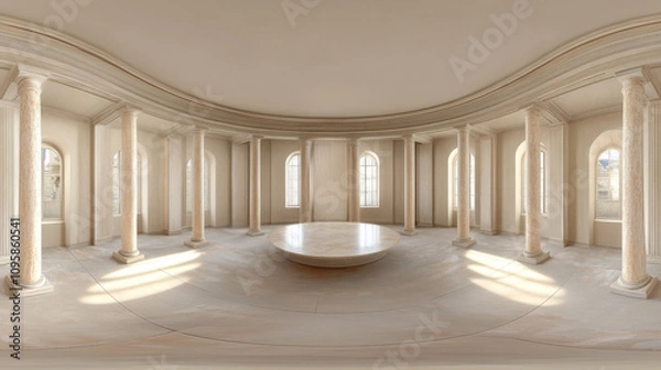 Obraz 360 degree panorama view.A 3D image shows an empty room with columns and a round table, perfect for a virtual reality (VR) presentation.