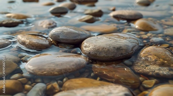 Obraz A macro shot of smooth, wet stones on a lakeshore, with some stones partially submerged in water.