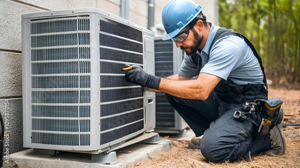 Fototapeta Technician Inspecting Air Conditioner Unit - Realistic Image
