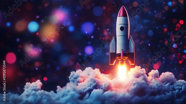 Fototapeta Spacecraft Launching Through Clouds 3D Illustration