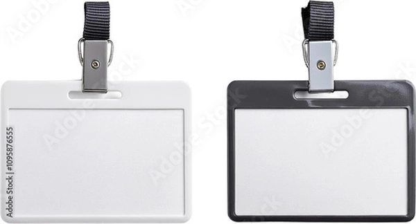 Fototapeta Blank White and Black ID Badge Holders with Lanyards Corporate Identification Cards
