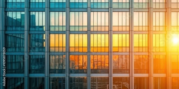 Fototapeta An urban office building with symmetrical rows of windows and minimalistic design, highlighted at sunset.