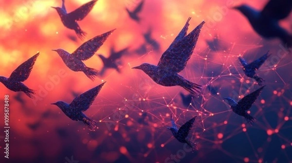 Fototapeta A dynamic scene of birds in flight against a colorful, abstract backdrop.