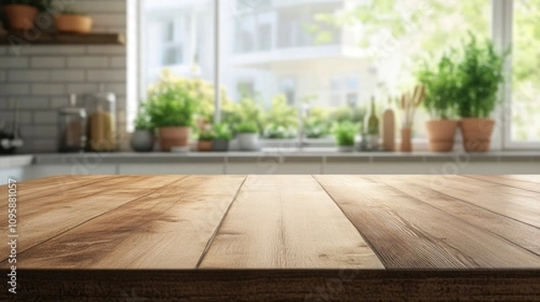 Fototapeta Empty beautiful wood tabletop counter on interior in clean and kitchen with bokeh bright background. Ready for display, product montage.