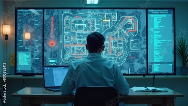 Fototapeta Doctor reviewing hospital evacuation map on large screen, focus on safety protocols and planning