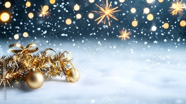 Obraz Close-up of a New Year's billboard wrapped in tinsel, snowy background, fireworks, isolated on white background