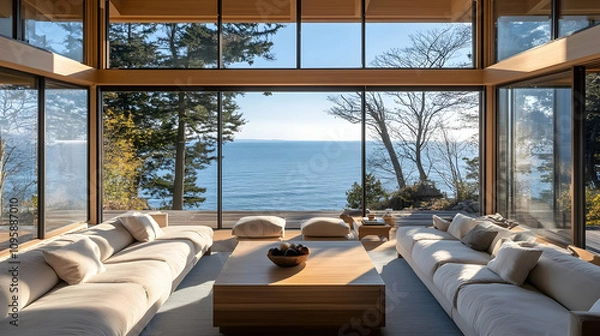 Obraz Modern House Interior with Ocean View - Photo