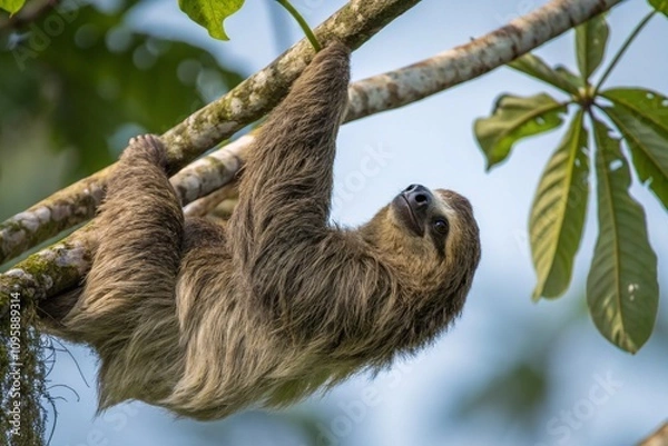 Fototapeta A three-toed sloth hangs upside down from a slender tree branch, its long, coarse fur draping around it.