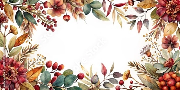 Fototapeta Autumnal Floral Frame Elegant Watercolor Design for Fall Invitations and Seasonal Decor