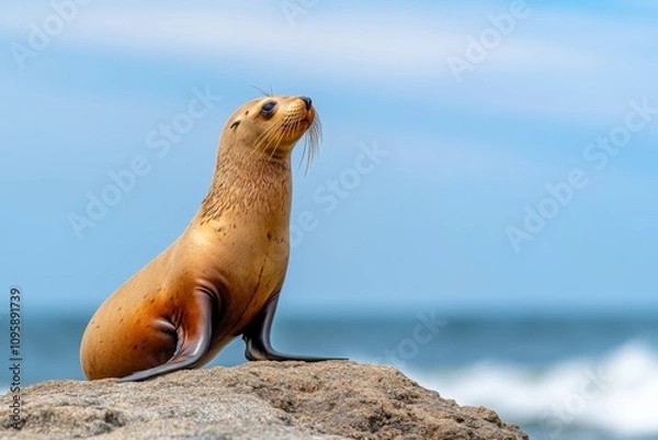 Fototapeta A sea lion basking on a rocky shore, with waves crashing dramatically in the background