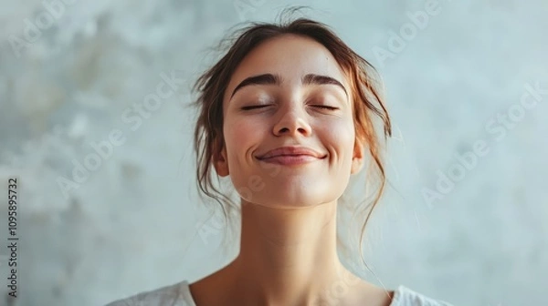 Fototapeta A woman with a relieved expression, closing her eyes and exhaling deeply, a smile spreading across her face.
