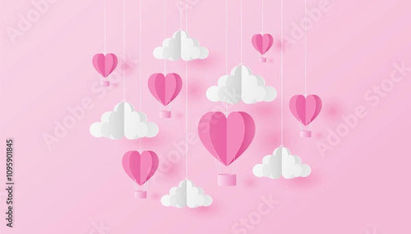 Fototapeta Paper cut of heart shape balloons and clouds on pink background. Valentine's Day concept 
