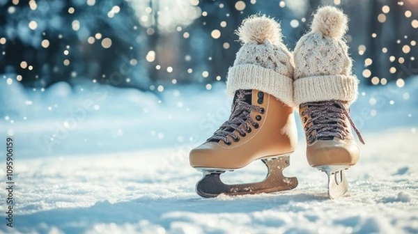 Fototapeta Pair of beige ice skates with warm knit hats rests on snowy ground, winter wonderland background.