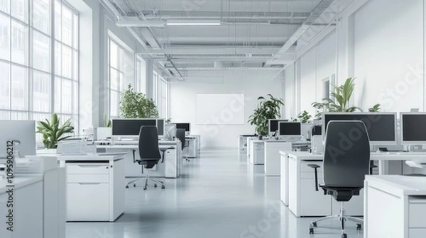 Fototapeta A spacious, bright office interior featuring clean white walls, open desks, and a quiet, serene atmosphere, with an empty wall ready for branding or design mock-ups.