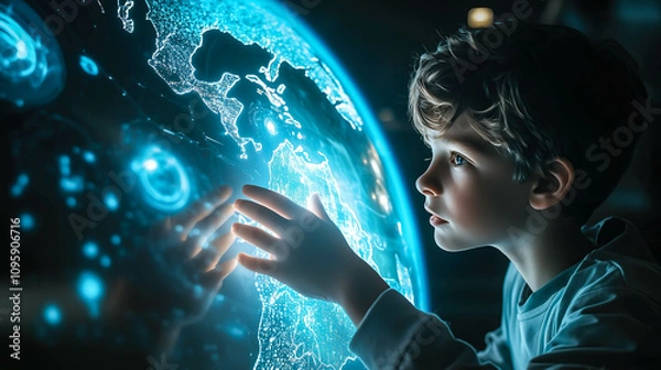 Fototapeta A boy interacts with a holographic globe, symbolizing curiosity and global awareness. The concept of the fusion of technology and education in understanding the world. Generative AI.