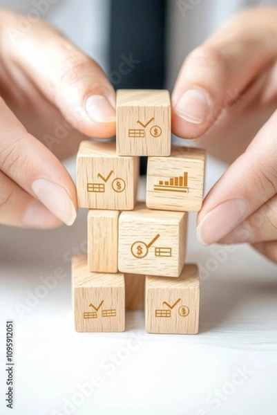 Fototapeta Close-up of hands arranging wooden blocks with financial terms on them, building business foundations
