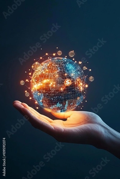Fototapeta Hand holding a glowing holographic globe with financial symbols, global business opportunities