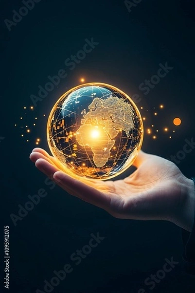 Fototapeta Hand holding a glowing holographic globe with financial symbols, global business opportunities