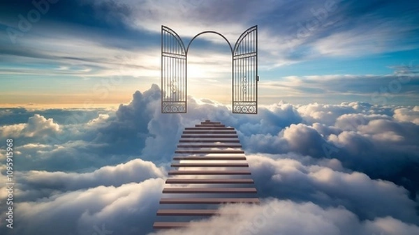 Obraz In the clouds, a gate and stairway represent paradise.
