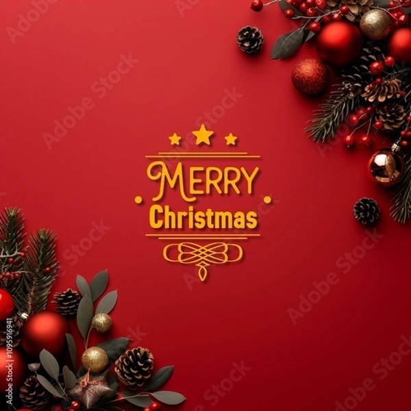 Fototapeta Christmas card with red and gold balls, fir tree, and stars, perfect for winter holiday celebration