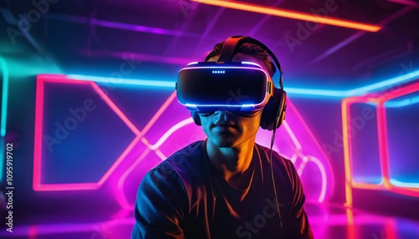 Obraz Virtual reality gaming experience, person wearing VR headset, immersive environment, neon colors