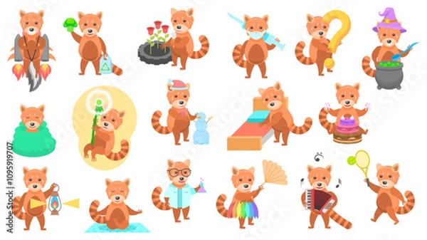 Fototapeta Big Set Abstract Collection Flat Cartoon Different Animal Red Pandas Vector Design Style Elements Fauna Wild