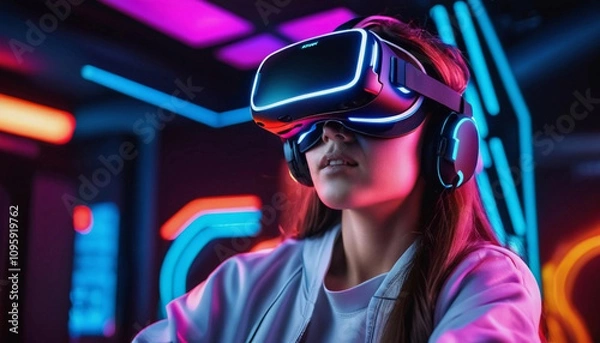 Obraz Virtual reality gaming experience, person wearing VR headset, immersive environment, neon colors