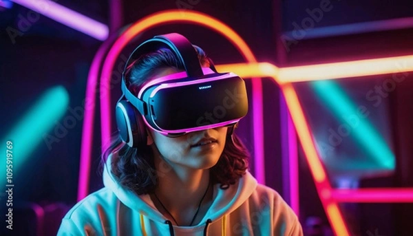 Obraz Virtual reality gaming experience, person wearing VR headset, immersive environment, neon colors