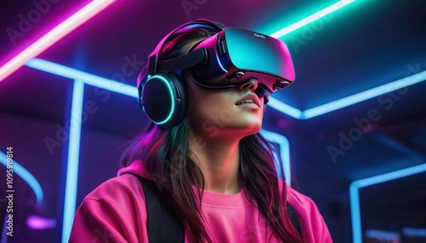 Obraz Virtual reality gaming experience, person wearing VR headset, immersive environment, neon colors