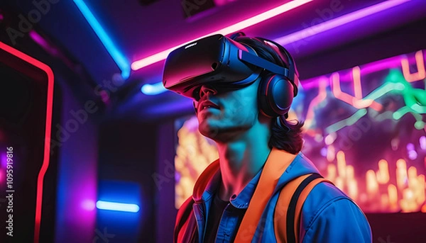 Obraz Virtual reality gaming experience, person wearing VR headset, immersive environment, neon colors