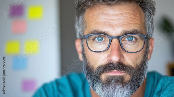 Fototapeta Focused Man With Glasses and Beard Looks Directly at the Viewer in a Modern, Well-Lit Space With Pastel Sticky Notes in the Background
