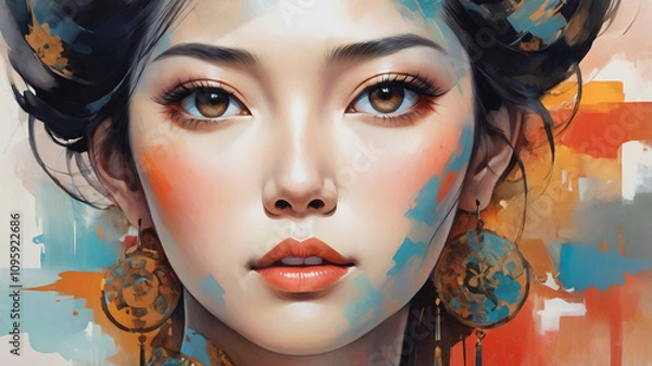 Obraz A abstract portrait painting of a face of oriental Asian woman