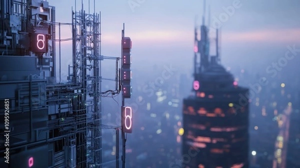 Fototapeta 5G network transmitters on the roof of a skyscraper
