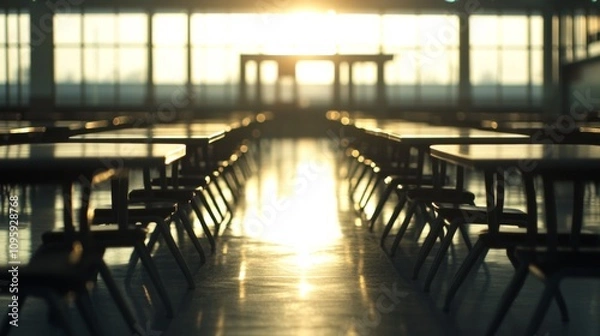 Fototapeta Empty school cafeteria tables during off-peak hours, a serene moment of reflection on the passage of time and the transient nature of youth.