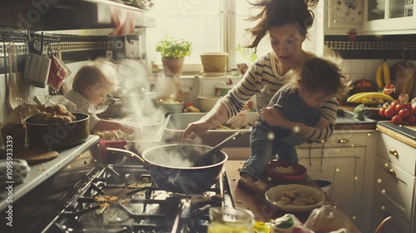 Fototapeta Overwhelmed Hectic Mom Juggling Cooking, Kids, and Chaos in a Comically Messy Kitchen, Capturing the Hilarious Side of Parenting. Image Made Using Generative AI