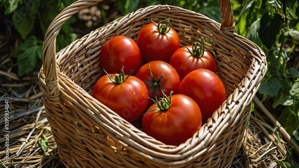 Fototapeta A basket filled with ripe red tomatoes, showcasing fresh produce from a garden.