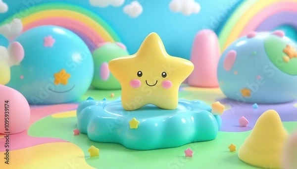 Fototapeta Happy Star in a Pastel Dreamland: A 3D Rendered Whimsical Scene