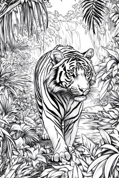 Fototapeta Tiger walking through a dense jungle with a waterfall in the background, surrounded by lush tropical foliage, black and white line art
