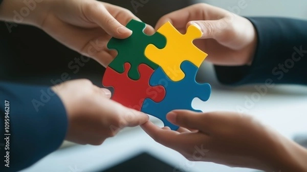 Fototapeta A group of hands holding colorful puzzle pieces, symbolizing teamwork, collaboration, and problem-solving in a professional setting.