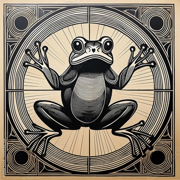 Fototapeta Frog leaping in a circle black and white illustration