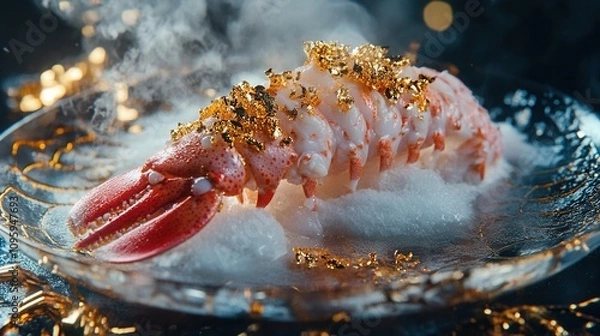 Fototapeta lobster tail with gold flakes and champagne foam, placed artfully on a modern glass plate