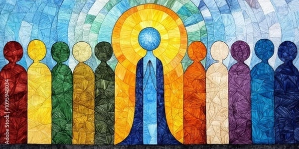 Fototapeta Colorful Abstract Unity Diverse People Praying Spiritual Artwork