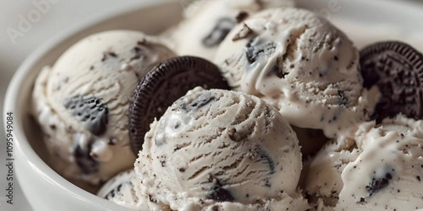 Fototapeta Close-up of cookies and cream ice cream in a bowl with cookie chunks and garnish on top