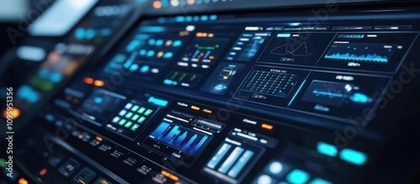 Fototapeta Futuristic digital dashboard displaying real-time data analytics with graphs and charts.