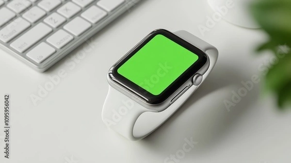 Fototapeta A side view of a smartwatch with a green screen, placed on a clean white desk with a keyboard.