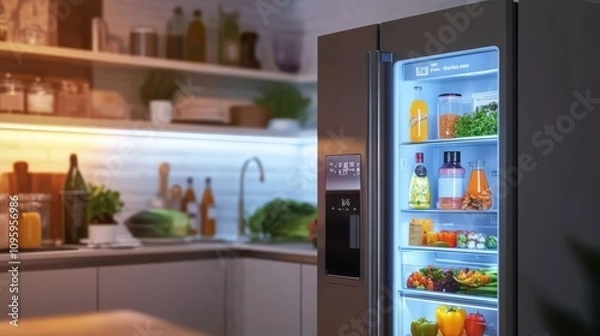 Fototapeta A smart refrigerator with a digital touchscreen showing groceries and meal planning.